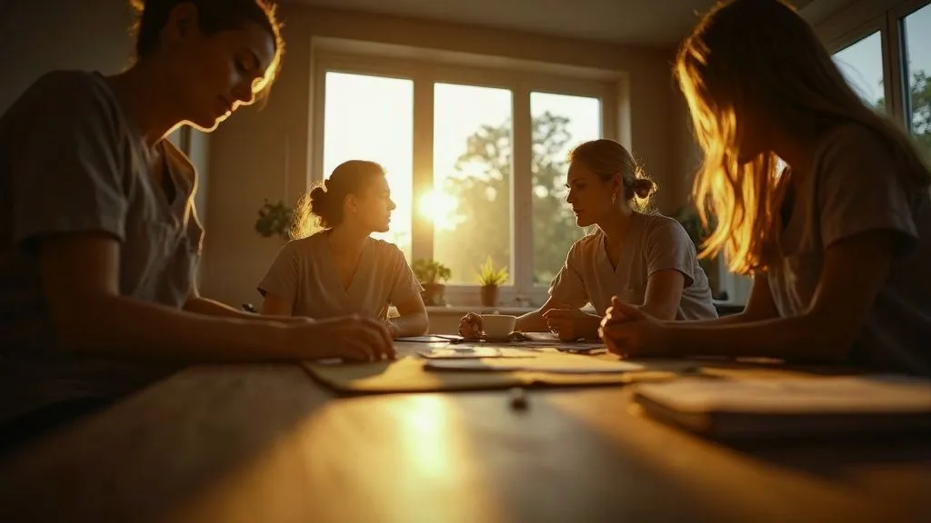 A classroom setting with nursing students and an instructor engaging in discussion.